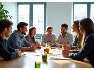 Echipa Viața Plină Wellness râzând într-o ședință de brainstorming energică, într-un birou luminos.