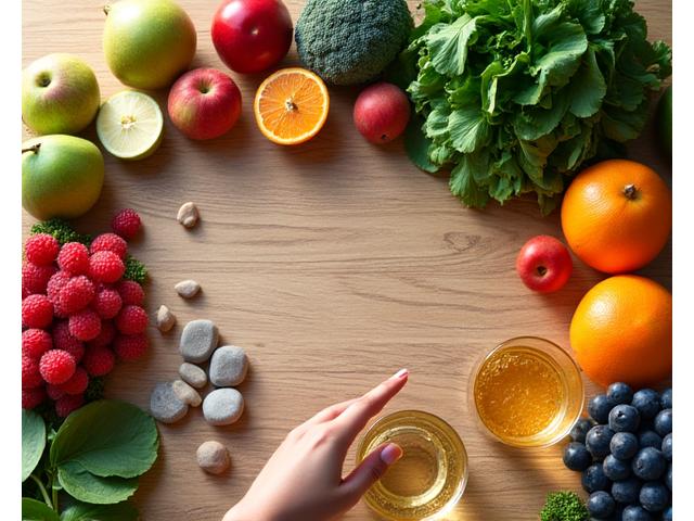 O mână ține un pahar de apă lângă fructe și legume proaspete pe o masă de lemn, simbolizând o abordare holistică a sănătății, într-o lumină naturală, caldă.