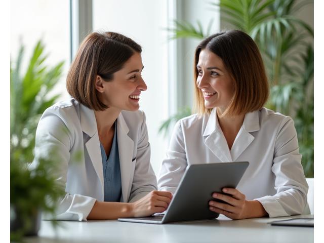 O nutriționistă (femeie, 40-50 ani, zâmbitoare, cu tunsoare bob) discută cu un client (femeie, 35-45 ani), indicând pe o tabletă informații nutriționale. Atmosfera este caldă, profesională, într-un birou luminos, cu plante.