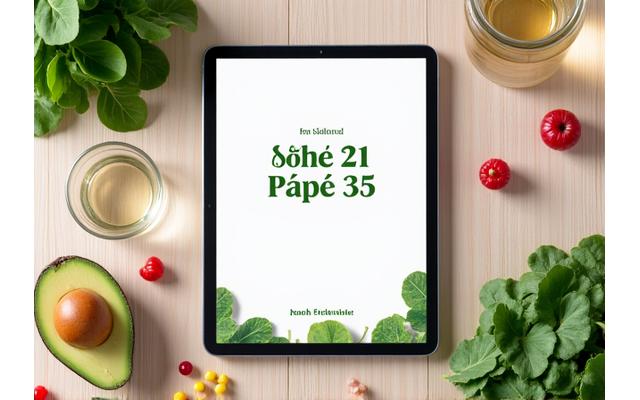 Un ghid digital pe o tabletă deschisă la o pagină cu teme nutriționale, alături de fructe proaspete, legume și un pahar de apă, ilustrând un stil de viață sănătos și accesibil.