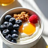 Bol cu iaurt grecesc, fructe de pădure proaspete și granola, cu o lingură, într-o lumină naturală, invitând la micul dejun sănătos.