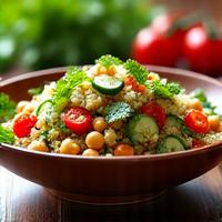 Salată vibrantă de quinoa cu legume proaspete, naut și un dressing ușor, servită într-un bol elegant din lemn, sugerând un prânz sănătos și sățios.