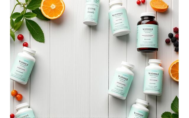 Varietate de recipiente cu suplimente alimentare (vitamine, minerale, omega-3), așezate ordonat pe o masă curată, cu frunze verzi și legume estompate în fundal, sugerând o abordare naturală.