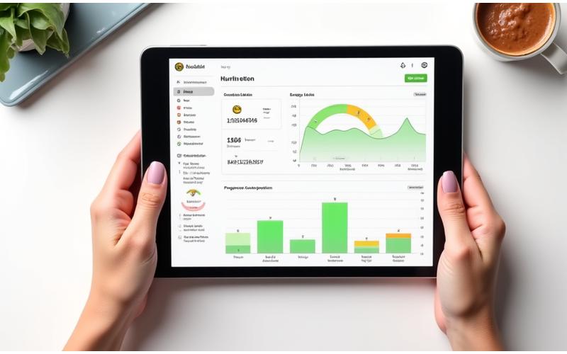 Dashboard digital modern cu grafice și diagrame care arată progresul nutrițional: jurnal alimentar, niveluri de energie, și alte măsurători de sănătate.