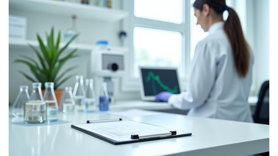 O imagine curată dintr-un laborator de testare cu eprubete, tabele de date și un clipboard, simbolizând rigoarea științifică a procesului de evaluare Viața Plină Wellness.