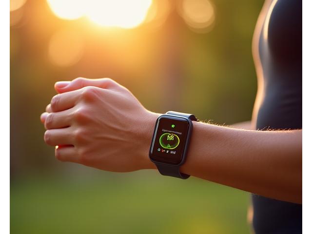 Un tracker de activitate modern și elegant la încheietura mâinii unei persoane active, monitorizând pulsul pe un ecran luminos.