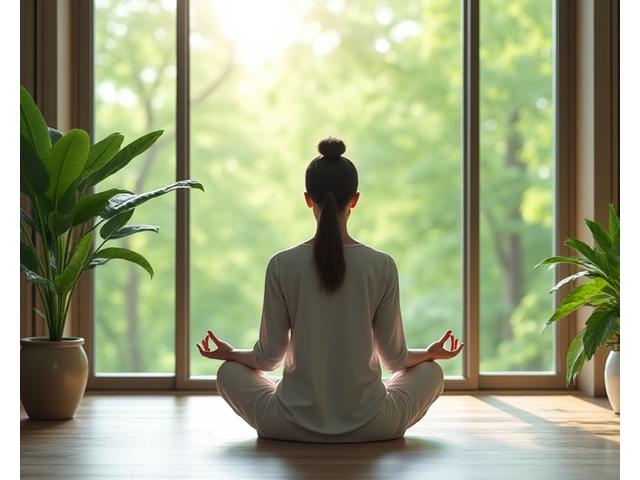 O femeie zâmbitoare meditând într-un spațiu luminos și aerisit, cu elemente naturale în jur.