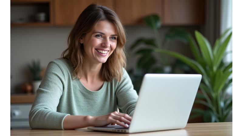 O femeie zâmbind, arătând spre un laptop, indicând satisfacția cu un program online.