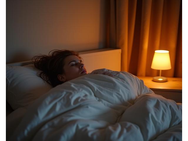 O siluetă odihnindu-se liniștit într-un pat confortabil, cu o lumină caldă, blândă, reprezentând un somn profund și reparator.